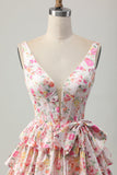 Robe courte de bal à plusieurs niveaux à col en V floral rose avec noeud
