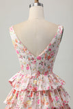 Robe courte de bal à plusieurs niveaux à col en V floral rose avec noeud