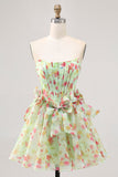 Robe de cocktail corset floral trapèze sans bretelles verte avec noeuds