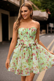 Robe de cocktail corset floral trapèze sans bretelles verte avec noeuds