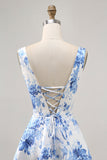 Imprimé blanc bleu fleur une robe de bal ligne