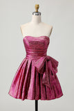 Robe De Cocktail sans bretelles trapèze violet foncé métallisé avec noeud