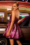Robe De Cocktail sans bretelles trapèze violet foncé métallisé avec noeud