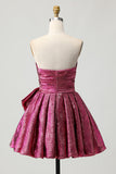 Robe courte de retour à la maison sans bretelles froncée violet foncé avec noeud