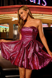 Robe De Cocktail sans bretelles trapèze violet foncé métallisé avec noeud