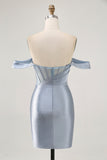Corset Dusty Blue Moulant Épaule Dénudée Robe de Retrouvailles