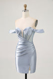 Corset Dusty Blue Moulant Épaule Dénudée Robe de Retrouvailles