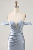 Corset Dusty Blue Moulant Épaule Dénudée Robe de Retrouvailles