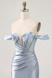 Corset Dusty Blue Moulant Épaule Dénudée Robe de Retrouvailles
