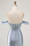 Corset Dusty Blue Moulant Épaule Dénudée Robe de Retrouvailles
