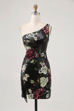Robe moulante moulante à paillettes à une épaule à fleurs noires