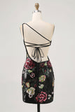 Robe moulante moulante à paillettes à une épaule à fleurs noires