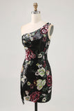 Robe moulante moulante à paillettes à une épaule à fleurs noires