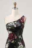 Robe moulante moulante à paillettes à une épaule à fleurs noires