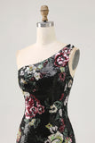 Robe moulante moulante à paillettes à une épaule à fleurs noires