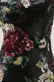 Robe moulante moulante à paillettes à une épaule à fleurs noires