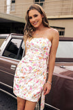 Robe de cocktail moulante bustier fleur rose avec noeud