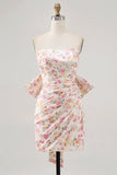 Robe de cocktail moulante bustier fleur rose avec noeud