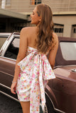 Robe de cocktail moulante bustier fleur rose avec noeud