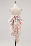 Robe de cocktail moulante bustier fleur rose avec noeud
