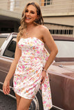 Robe de cocktail moulante bustier fleur rose avec noeud
