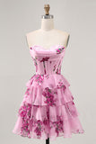 Robe bustier sans bretelles florale rose à plusieurs niveaux