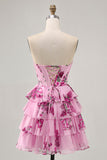 Robe bustier sans bretelles florale rose à plusieurs niveaux