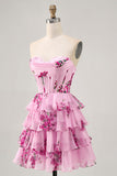 Robe bustier sans bretelles florale rose à plusieurs niveaux