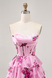 Robe bustier sans bretelles florale rose à plusieurs niveaux