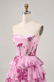 Robe bustier sans bretelles florale rose à plusieurs niveaux