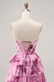 Robe bustier sans bretelles florale rose à plusieurs niveaux