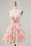 Blush Floral Une ligne Corset à col carré Robe de bal imprimée