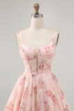 Blush Floral Une ligne Corset à col carré Robe de bal imprimée