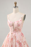 Blush Floral Une ligne Corset à col carré Robe de bal imprimée