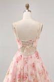 Blush Floral Une ligne Corset à col carré Robe de bal imprimée