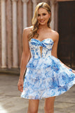 Robe de cocktail sans bretelles découpée corset fleur bleu blanc