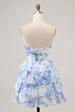 Robe de cocktail sans bretelles découpée corset fleur bleu blanc