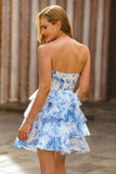 Robe de cocktail sans bretelles découpée corset fleur bleu blanc