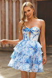 Robe de cocktail sans bretelles découpée corset fleur bleu blanc
