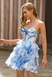Robe de cocktail sans bretelles découpée corset fleur bleu blanc