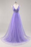 Glitter Violet Une ligne longue Robe de Soirée avec perles