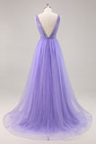 Glitter Violet Une ligne longue Robe de Soirée avec perles