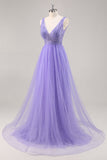 Glitter Violet Une ligne longue Robe de Soirée avec perles