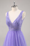 Glitter Violet Une ligne longue Robe de Soirée avec perles