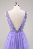 Glitter Violet Une ligne longue Robe de Soirée avec perles