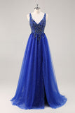 Glitter Royal Blue Perlé Une Ligne Longue Robe de soirée Avec Fente