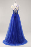 Glitter Royal Blue Perlé Une Ligne Longue Robe de soirée Avec Fente