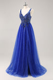 Glitter Royal Blue Perlé Une Ligne Longue Robe de soirée Avec Fente