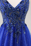 Glitter Royal Blue Perlé Une Ligne Longue Robe de soirée Avec Fente