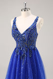 Glitter Royal Blue Perlé Une Ligne Longue Robe de soirée Avec Fente
